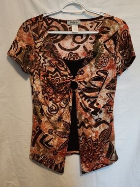 Only 9 Short-Sleeve V-Neck Knot Front Top in Brown, Black & Orange
